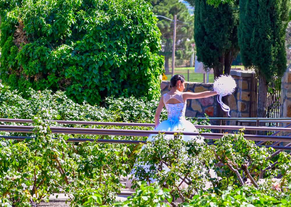  Bride waving at guests in the El Paso municipal rose garden.