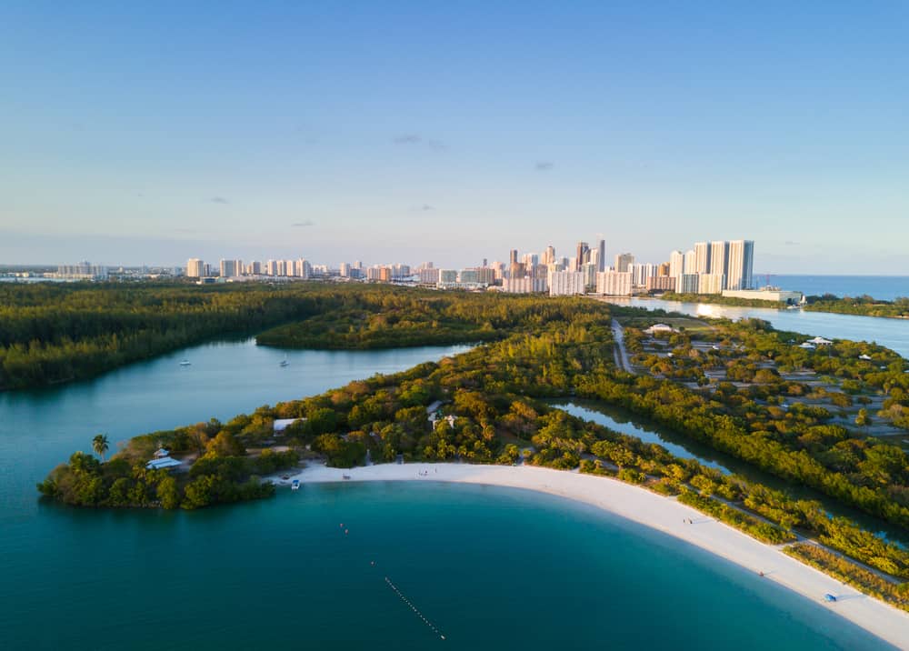 Aerial view of Oleta River State Park, Halouver and Sunny Isles in Miami, Florida.