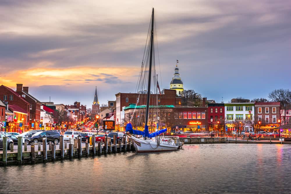 Annapolis, Maryland, USA from Annapolis Harbor at dusk - What is Maryland Known for