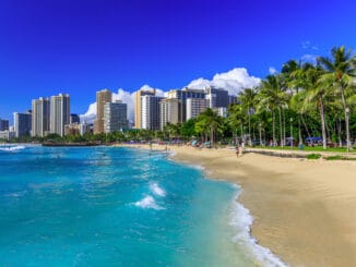Honolulu, Hawaii. Waikiki beach and Honolulu's skyline.
