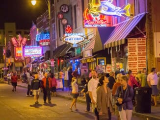 The Beale Street (home of the blues)night time crowd in Memphis, TN
