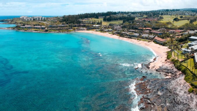 Wide aerial photo of Napili bay on Maui