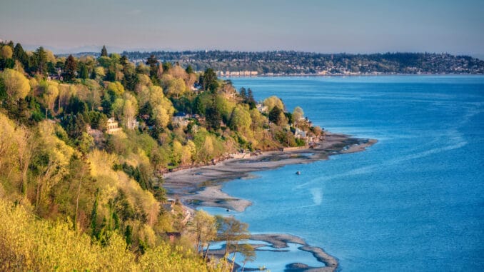 A Seattle Sunset Illuminates Spring Foliage and the Puget Sound in Discovery Park
