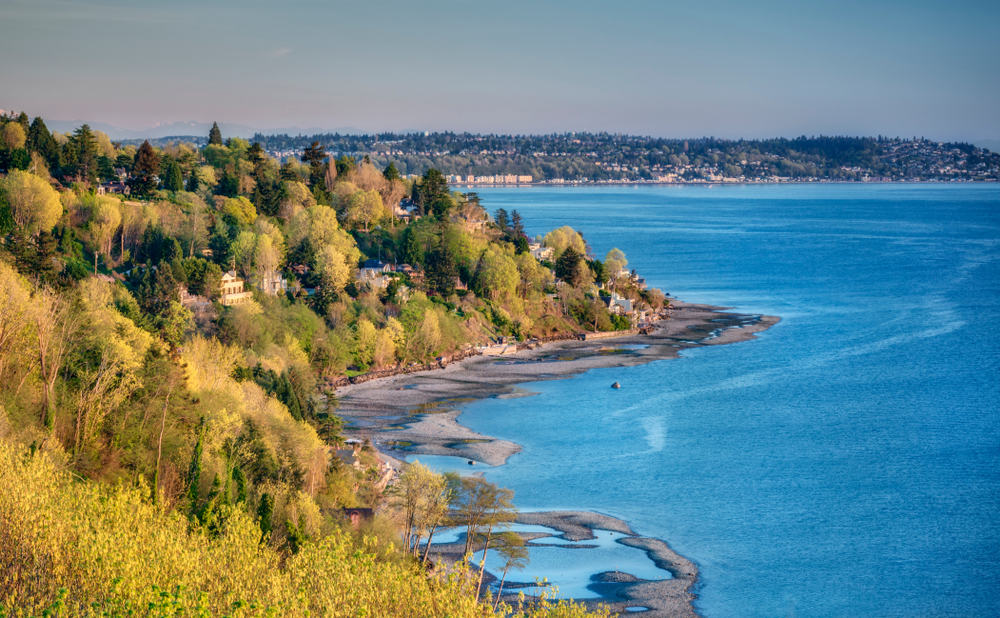 A Seattle Sunset Illuminates Spring Foliage and the Puget Sound in Discovery Park