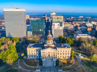 Drone Aerial of the State Capitol Building in Downtown Columbia, South Carolina, USA.