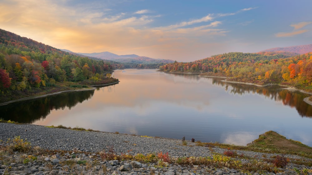 Wrightsville Reservoir at sunset near Montpelier in Green Mountains of Vermont
