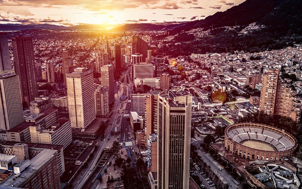Panoramic aerial view of downtown Bogota Colombia on a beautiful golden sunset