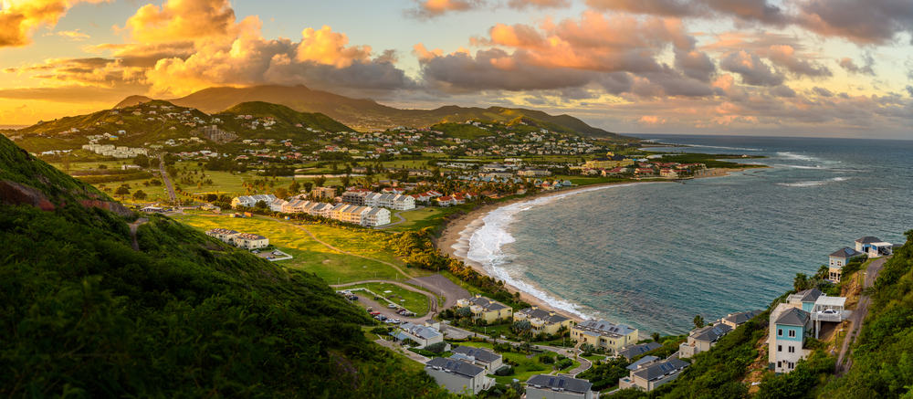 Panorama of Saint Kitts and its capital Basseterre during sunset