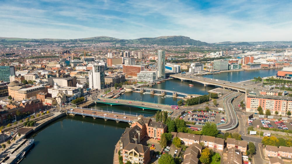 Aerial view on river and buildings in City center of Belfast Northern Ireland. 