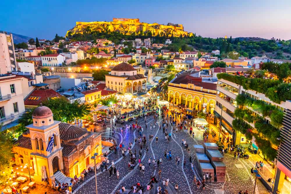 Athens, Greece - Night image with Athens from above, Monastiraki Square and ancient Acropolis.