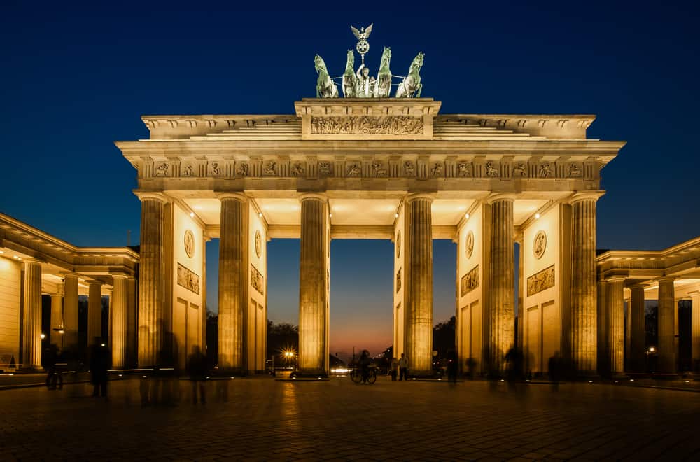 The floodlit Brandenburg Gate in Berlin 